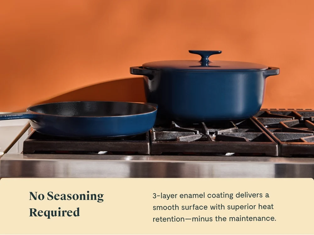 Large Enameled Cast Iron Duo with Wood Storage Organizer
