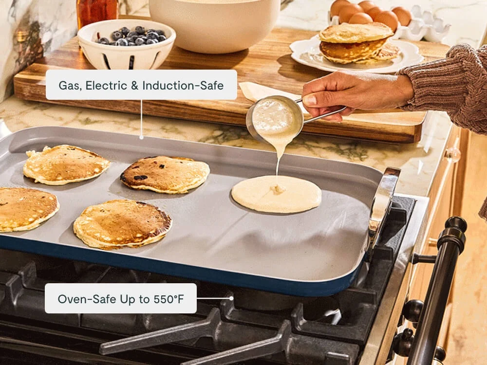 Stekeplate med slippbelegg for to kokeplater til frokost og middag