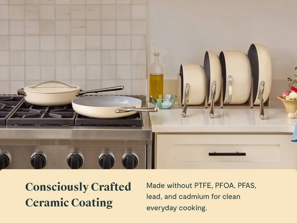 Carawayhome Ceramic Non-Stick Fry Pan in Cream, Navy and Sage